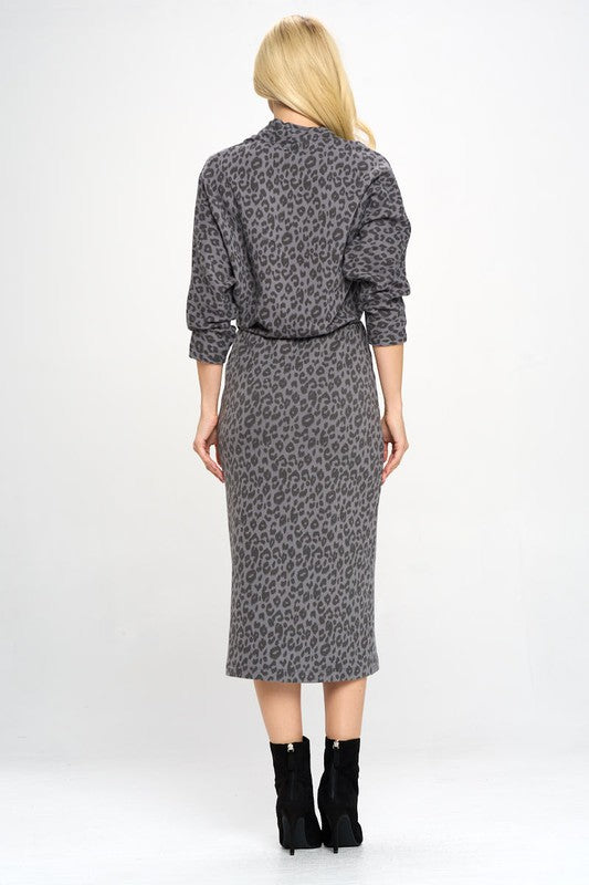 Leopard Print Knit Dolman Sleeve Midi Dress