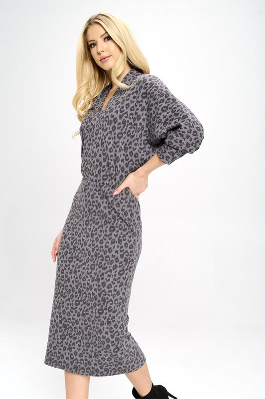 Leopard Print Knit Dolman Sleeve Midi Dress