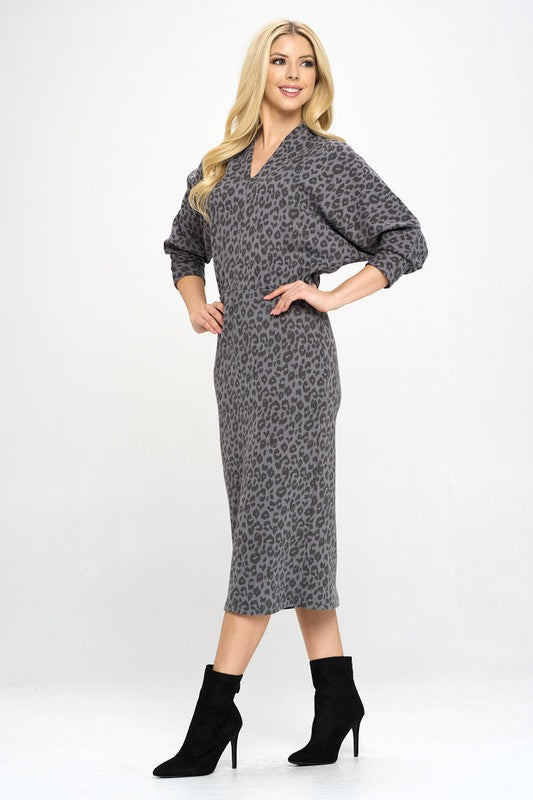 Leopard Print Knit Dolman Sleeve Midi Dress