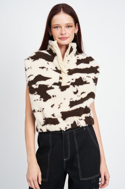 COW PRINT VESTS WITH ZIPPER