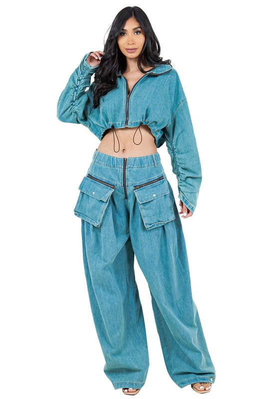 FAHION DENIM TWO PIECE PANT SET