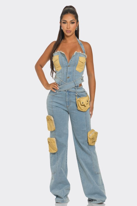 Dual-Tone Utility Denim Jumpsuit